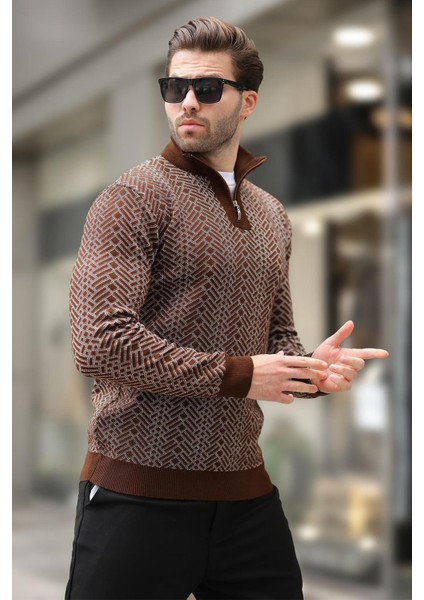 Kahverengi Fermuar Yaka Uzun Kollu Desenli Örme Kazak E7287