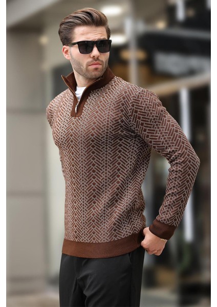 Kahverengi Fermuar Yaka Uzun Kollu Desenli Örme Kazak E7287 fiyatları