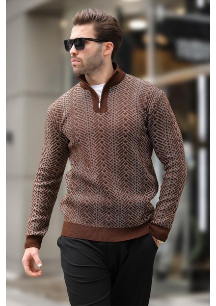 Kahverengi Fermuar Yaka Uzun Kollu Desenli Örme Kazak E7287 modelleri