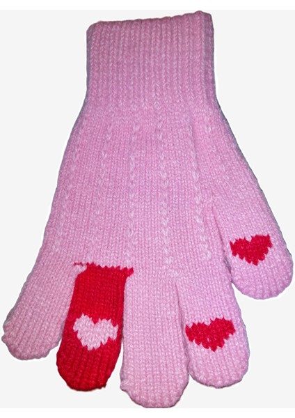 Kız Çocuk Örme Eldiven Pembe Kalp Desenli 6-12 Yaş