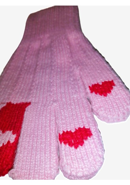Kız Çocuk Örme Eldiven Pembe Kalp Desenli 6-12 Yaş