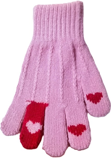Kız Çocuk Örme Eldiven Pembe Kalp Desenli 6-12 Yaş