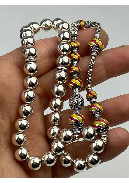 Mineli Taraftar Tesbih 925 Ayar Gümüş 55 Gram 32 cm