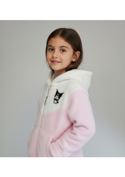 Kuromi Nakışlı Çift Renk Pelüş Kapüşonlu Kız Çocuk Hırka