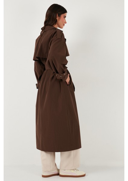 Pamuklu Oversize Kruvaze Yaka Kol Apoletli Rüzgarlıklı Trençkot Bayan Trençkot 6839637