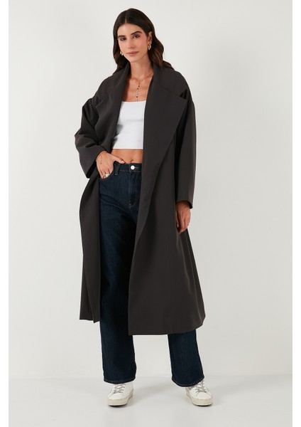 Oversize Fit Kruvaze Yaka Kuşaklı Astarlıtrençkot Bayan Trençkot 6839617