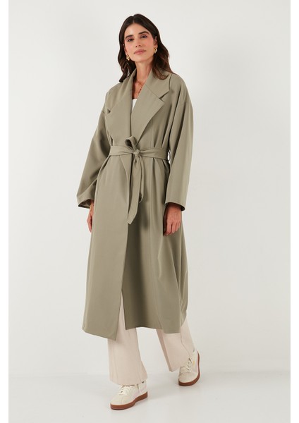 Oversize Fit Kruvaze Yaka Kuşaklı Astarlıtrençkot Bayan Trençkot 6839617