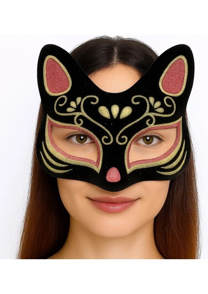 Siyah Renk Süet Kaplama Üzeri Kırmızı Sarı Simli Kedi Maskesi 17X14 cm