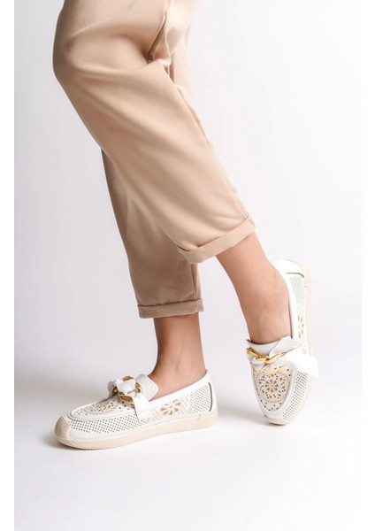 Lydıa Bağcıksız Ortopedik Rahat Taban Çiçek Desenli Kadın Babet Ayakkabı Ckt - Beyaz fiyatları