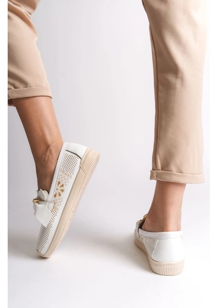 Lydıa Bağcıksız Ortopedik Rahat Taban Çiçek Desenli Kadın Babet Ayakkabı Ckt - Beyaz modelleri