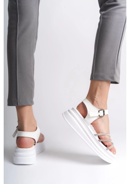 Eva Kalın Tokalı Taşlı Şeritli Ortopedik Taban Kadın Sandalet Cbt - Beyaz modelleri