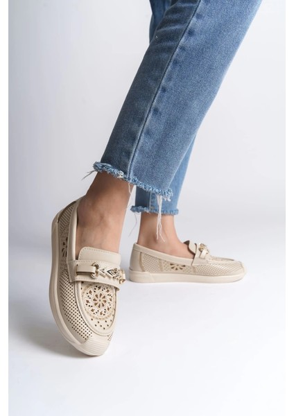 Lıly Bağcıksız Ortopedik Rahat Taban Çiçek Desenli Kadın Babet Ayakkabı Ckt - Krem fiyatları