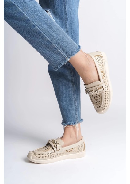 Lıly Bağcıksız Ortopedik Rahat Taban Çiçek Desenli Kadın Babet Ayakkabı Ckt - Krem modelleri