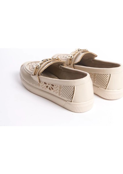 Lıly Bağcıksız Ortopedik Rahat Taban Çiçek Desenli Kadın Babet Ayakkabı Ckt - Krem indirimleri