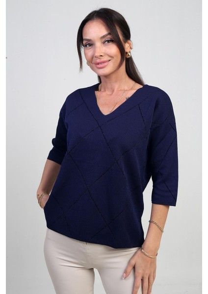 Kadın V Yaka Baklava Desenli Yarım Kol Simli Bluz modelleri