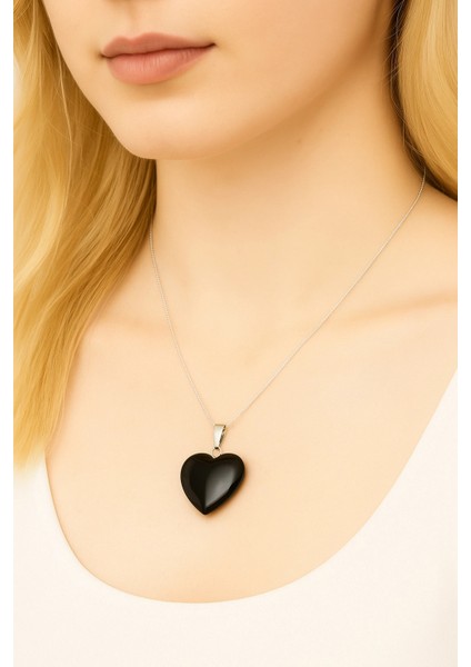 Dora siyah obdisyen taşı kalp detaylı kadın kolye gümüş kadın kolye fırsatları