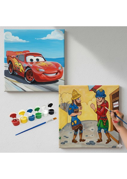 TATİL-KARNE HEDİYESİ 2'li Tuval Boyama Seti 20X20 cm Uv Baskı 6 Akrilik Boya 1 FIRÇA-MODEL-345
