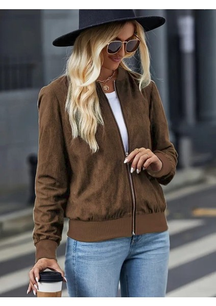 Kadın Uzun Kollu Önden Fermuarlı Süet Ceket