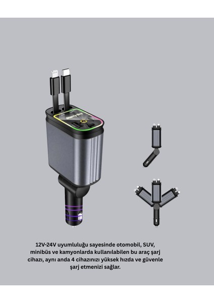 Bfs Araç Şarj Cihazı 66W 4 Portlu Hızlı Şarj ve LED Işıklı indirimleri