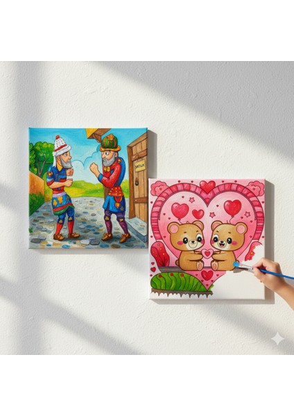 TATİL-KARNE HEDİYESİ 2'li Tuval Boyama Seti 20X20 cm Uv Baskı 6 Akrilik Boya 1 FIRÇA-MODEL-204