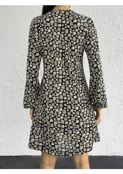 Kadın Uzun Kollu V Yaka Çiçek Desenli Helen Kumaş Elbise indirimleri