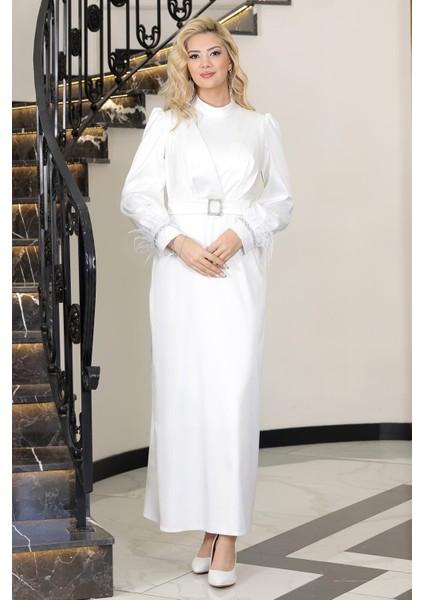 Lara Saten Abiye Elbise Beyaz ELB78