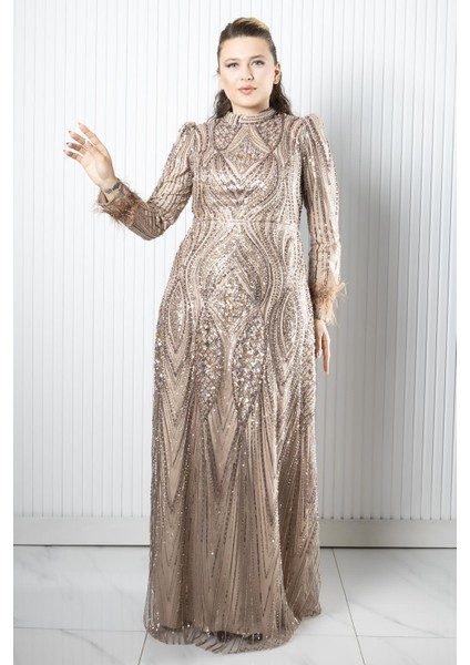 Taş Payet İşlemeli Abiye Bej AHN270