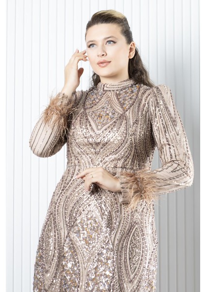 Taş Payet İşlemeli Abiye Bej AHN270 fiyatları