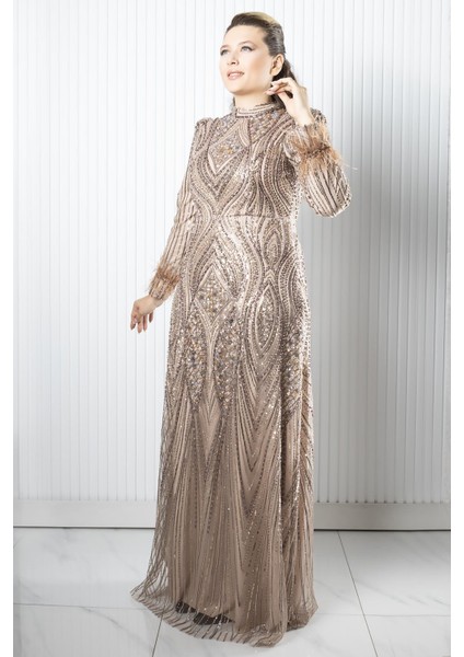 Taş Payet İşlemeli Abiye Bej AHN270 modelleri