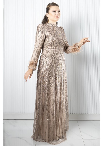 Taş Payet İşlemeli Abiye Bej AHN270 fırsatları