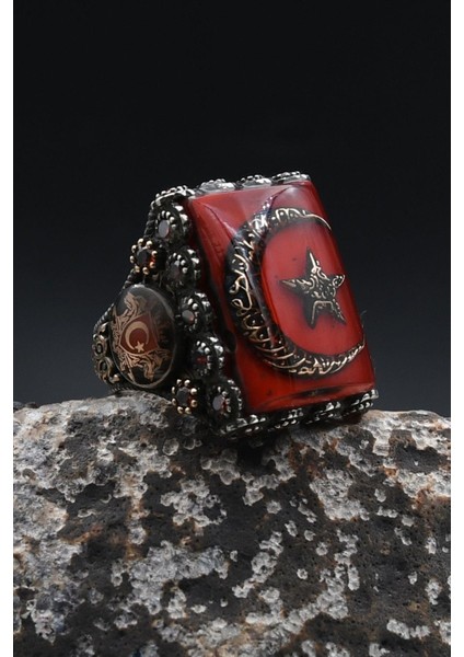 Özel Tasarım Ay Yıldızlı ve Kurt Figürlü ve Kelime-I Tevhid Yazlı 925 Ayar Gümüş Erkek Yüzük 902357