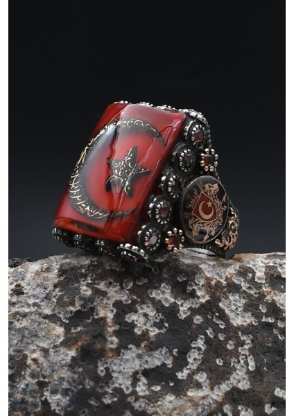 Özel Tasarım Ay Yıldızlı ve Kurt Figürlü ve Kelime-I Tevhid Yazlı 925 Ayar Gümüş Erkek Yüzük 902357 fiyatları