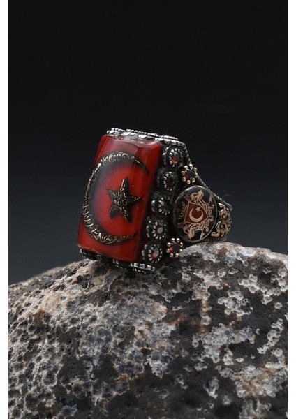 Özel Tasarım Ay Yıldızlı ve Kurt Figürlü ve Kelime-I Tevhid Yazlı 925 Ayar Gümüş Erkek Yüzük 902357 modelleri