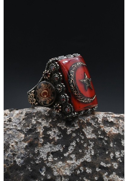 Özel Tasarım Ay Yıldızlı ve Kurt Figürlü ve Kelime-I Tevhid Yazlı 925 Ayar Gümüş Erkek Yüzük 902357 fırsatları