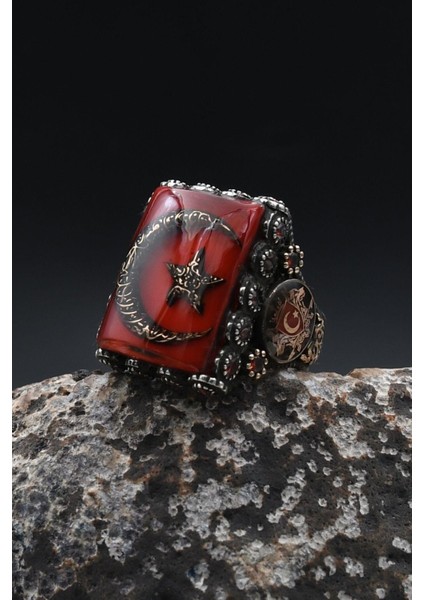 Özel Tasarım Ay Yıldızlı ve Kurt Figürlü ve Kelime-I Tevhid Yazlı 925 Ayar Gümüş Erkek Yüzük 902357 indirimleri