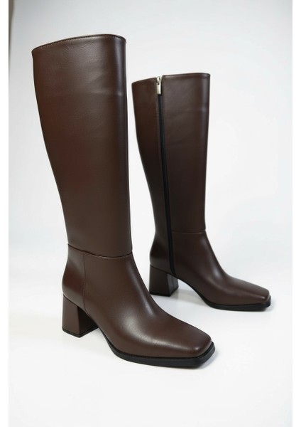 Kahve Uzun Fermuarlı Kare Burun Ince Taban Kadın Çizme indirimleri