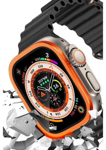 OMR02 Apple Watch Ultra 49MM Alüminyum Kasa Cam Ekran Koruyucu - Turuncu