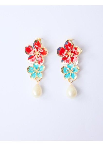 Karışık Renkli Çiçek Figürlü Incili Küpe