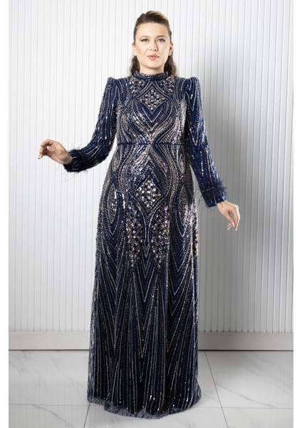 Taş Payet Işlemeli Abiye Lacivert AHN270