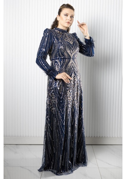 Taş Payet Işlemeli Abiye Lacivert AHN270 modelleri