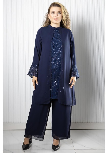 Taş Payet İşlemeli Şifon Pantalon Tunik Takım Lacivert FHM966