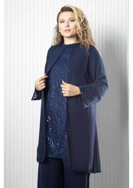 Taş Payet İşlemeli Şifon Pantalon Tunik Takım Lacivert FHM966 fiyatları