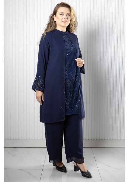 Taş Payet İşlemeli Şifon Pantalon Tunik Takım Lacivert FHM966 modelleri