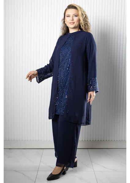 Taş Payet İşlemeli Şifon Pantalon Tunik Takım Lacivert FHM966 fırsatları