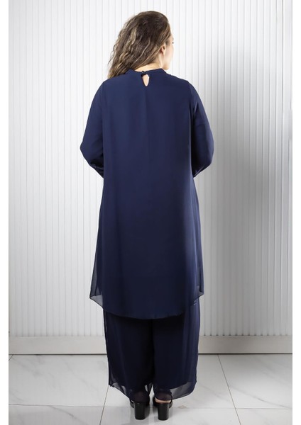 Taş Payet İşlemeli Şifon Pantalon Tunik Takım Lacivert FHM966 indirimleri