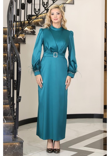 Lara Saten Abiye Elbise Zümrüt ELB78