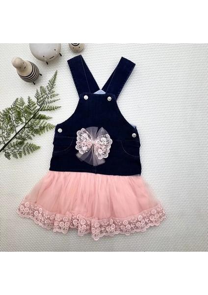 2-3-4 Yaş Fiyonklu Düğme Detaylı Tül Etek Kot Kumaş Salopet Kız Çocuk Elbisesi Lacivert-Pudra