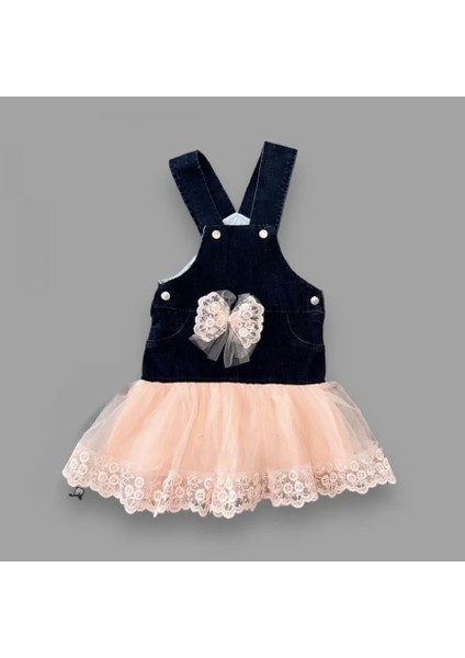 2-3-4 Yaş Fiyonklu Düğme Detaylı Tül Etek Kot Kumaş Salopet Kız Çocuk Elbisesi Lacivert-Pudra fiyatları