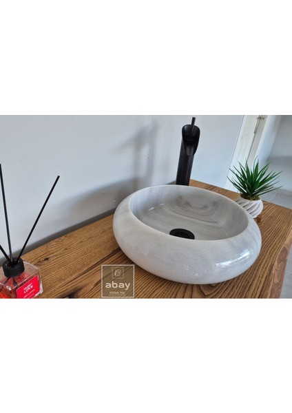 Griyli Beyaz Mermer Mini Bombeli Çanak Lavabo