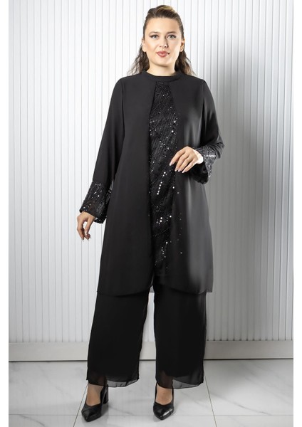 Taş Payet Işlemeli Şifon Pantalon Tunik Takım Siyah FHM966